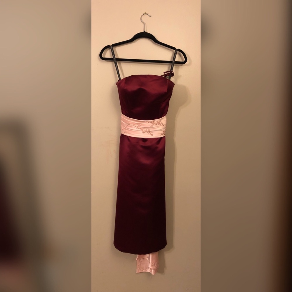 Short strapless burgundy dress blush pink accent
